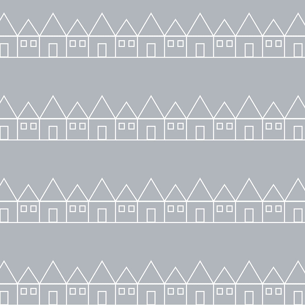 Grey toddler bed sheets with small houses 
